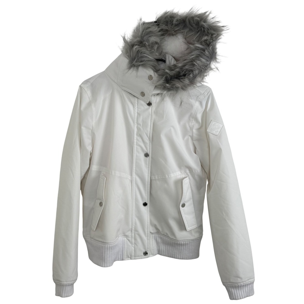 Hollister Womens White Faux Fur Trim Hooded Bomber Jacket Water Resistant‎ Coat